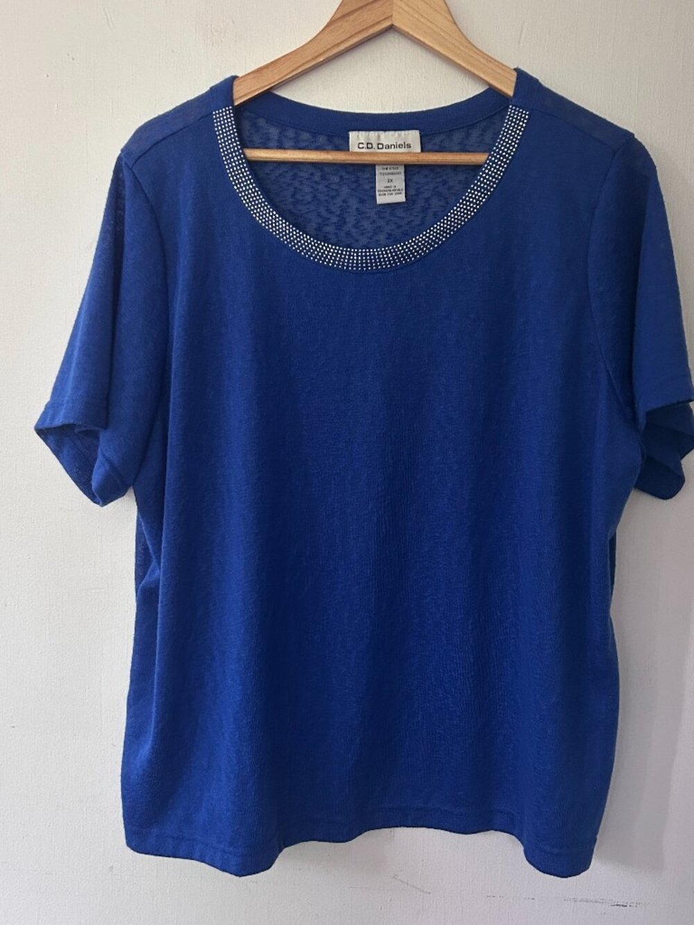 CD Daniels Linen Top Blue Rhinestones 2XL Short Sleeve Coastal Grandma